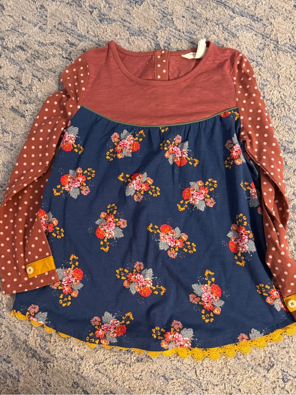 Matilda Jane Navy Floral Top with Rust Polka-Dot Sleeves and Yellow Trim